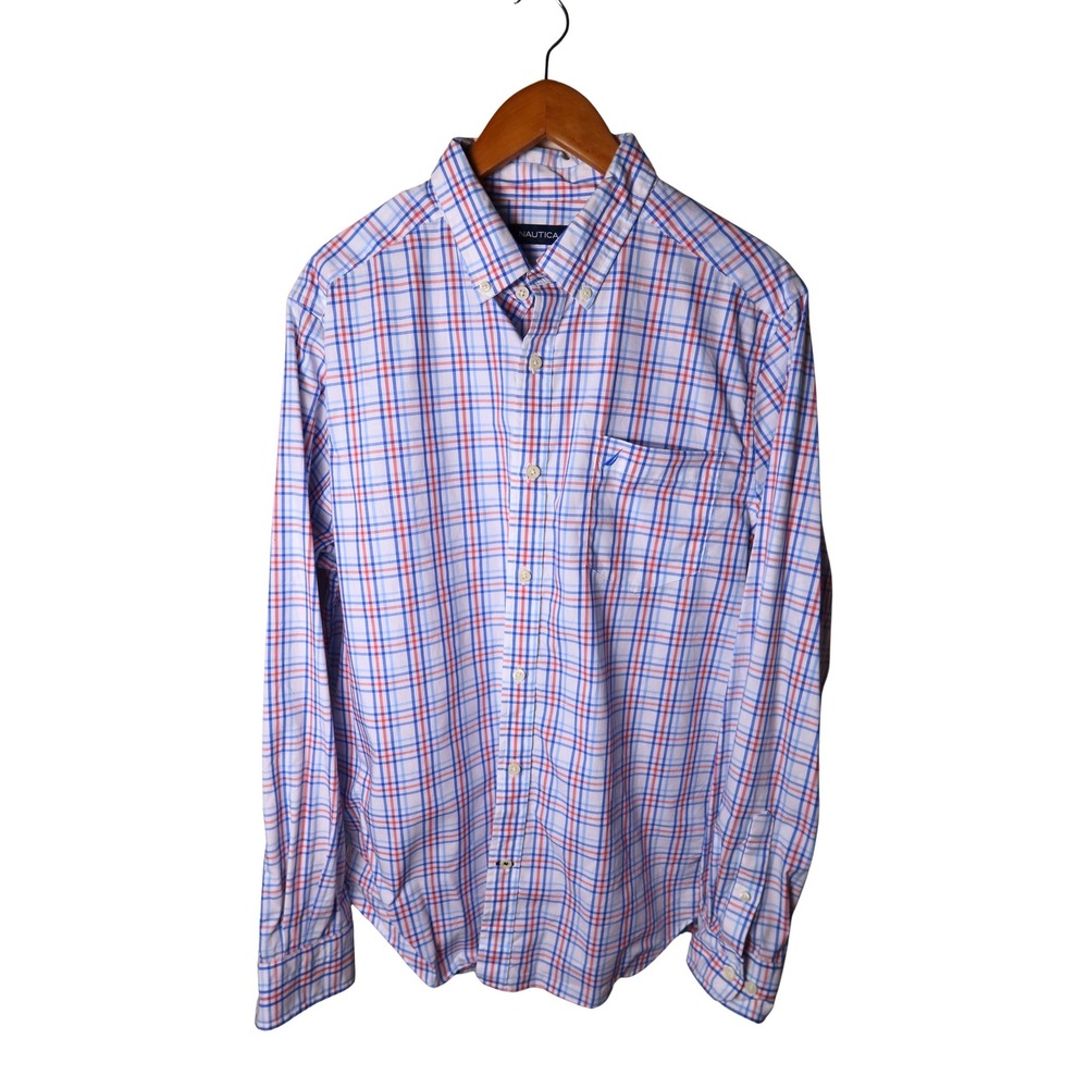 Nautica Mens Large Plaid Button Down Shirt Long Sleeve Blue Red Classic Fit